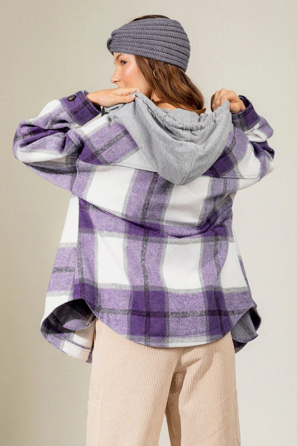 Drawstring Plaid Dropped Shoulder Hooded Shacket