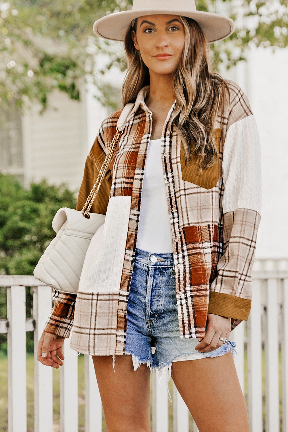 Sutton Plaid Color Block Patchwork Shirt Jacket with Pocket