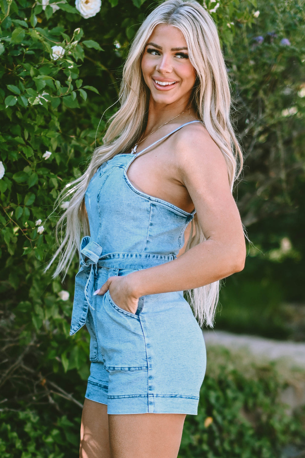 Hunter Spaghetti Straps Belted Denim Romper