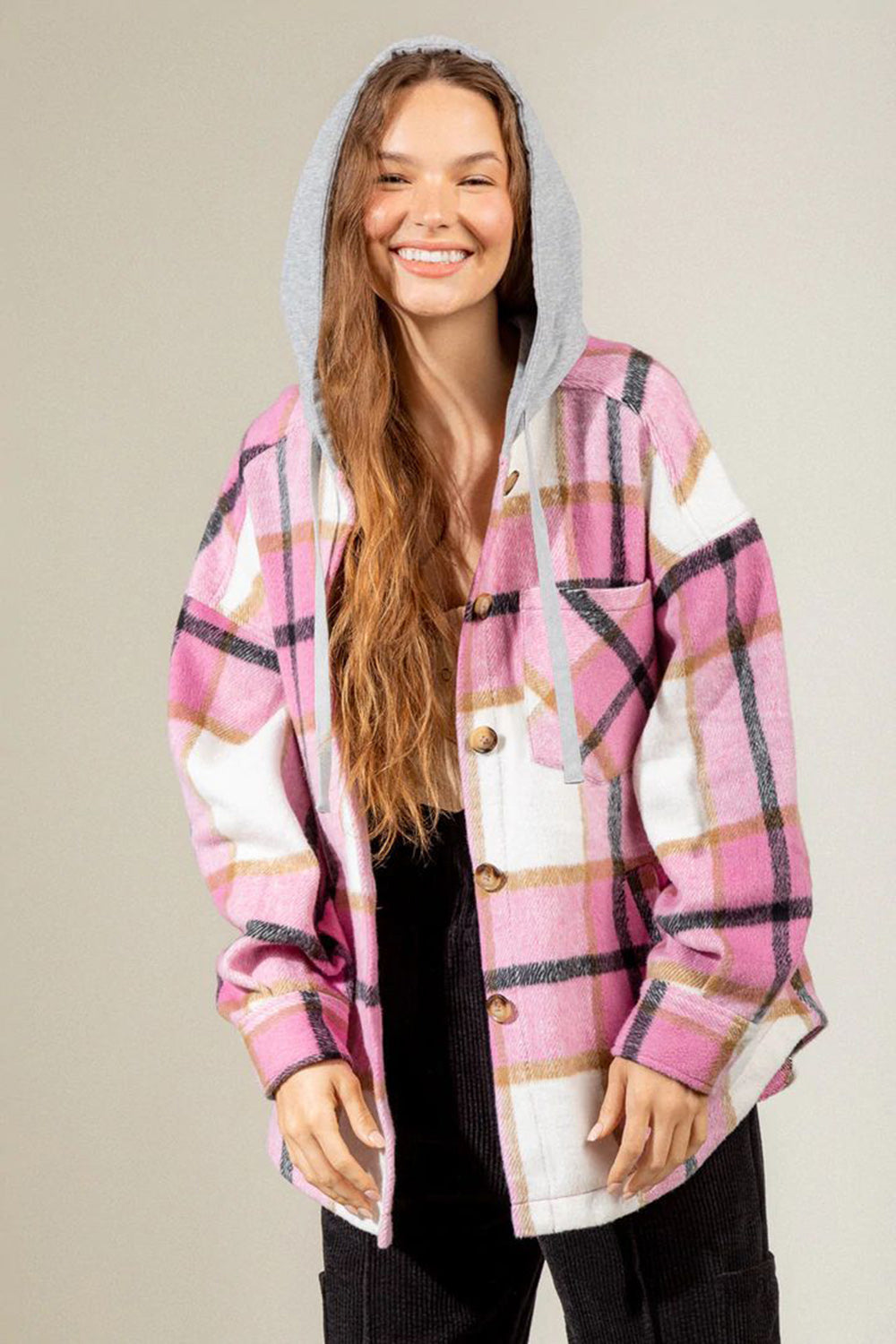 Drawstring Plaid Dropped Shoulder Hooded Shacket