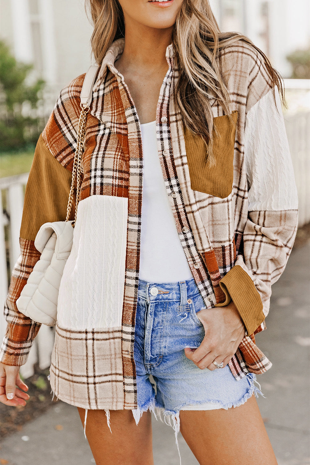 Sutton Plaid Color Block Patchwork Shirt Jacket with Pocket