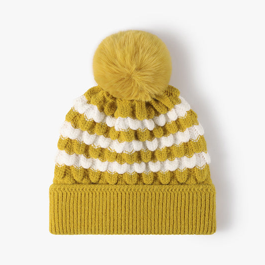 Striped Contrast Knit Hat with Pom-pom