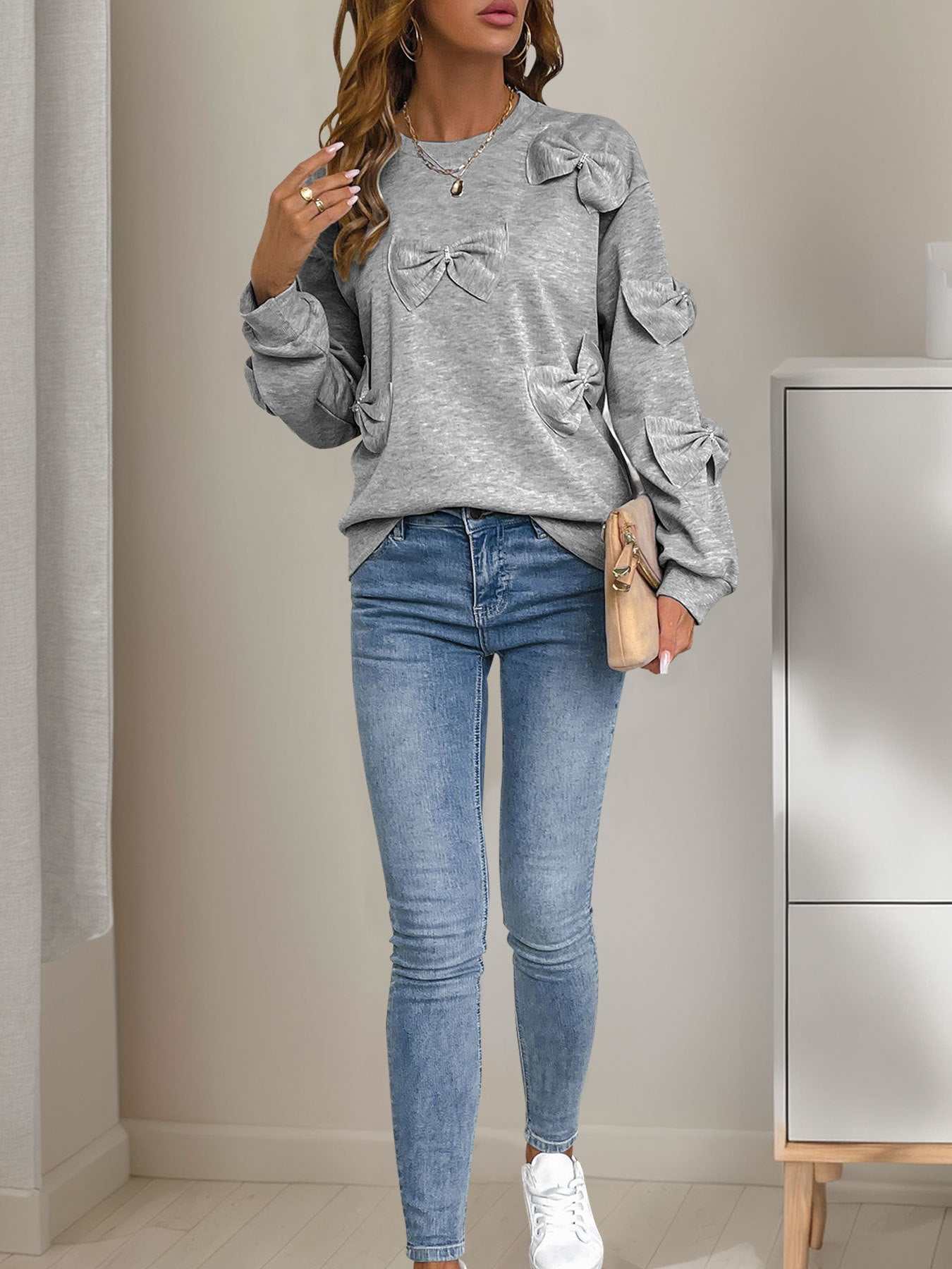 Bows Oversized Crewneck Long Sleeve Sweatshirt