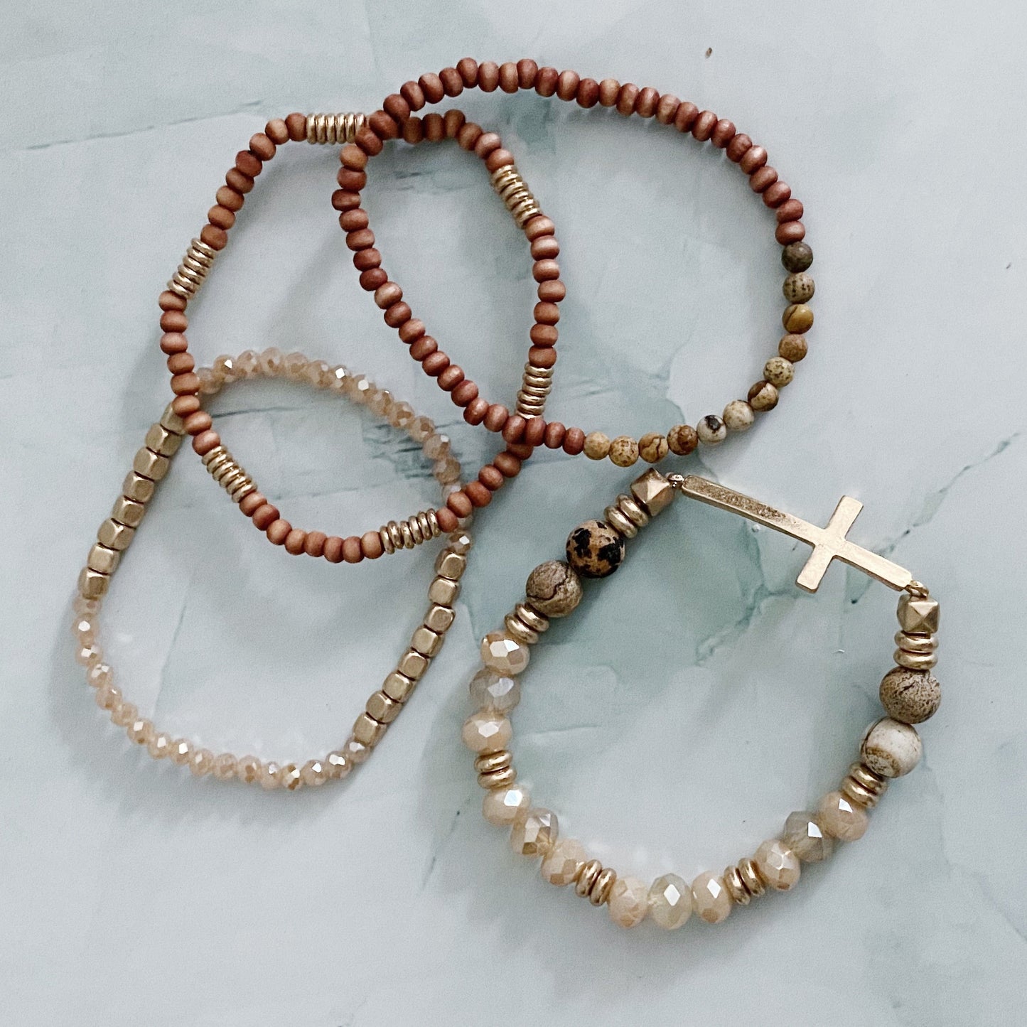 Set Of 4, Stone And Wooden Beads Bracelet