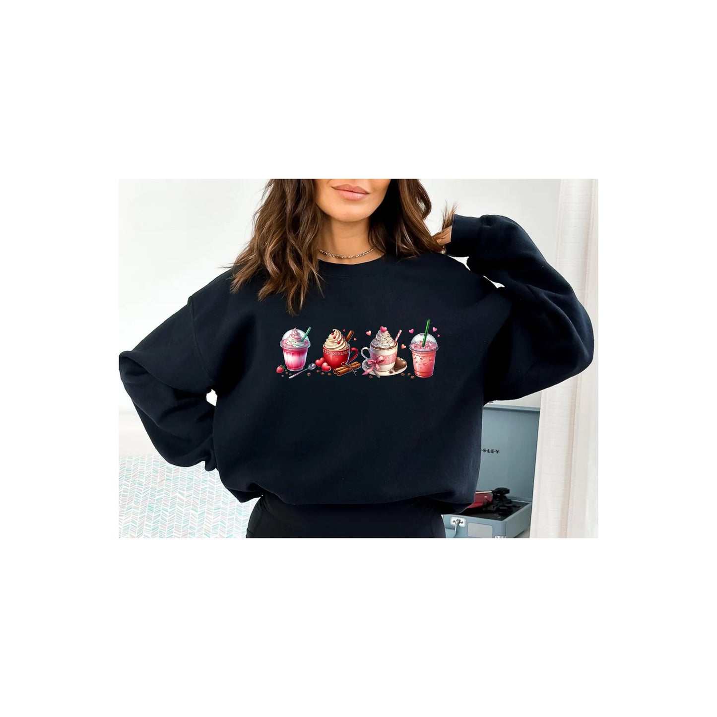 Caffeinated Love Valentines Day Crewneck Pullover Sweatshirt