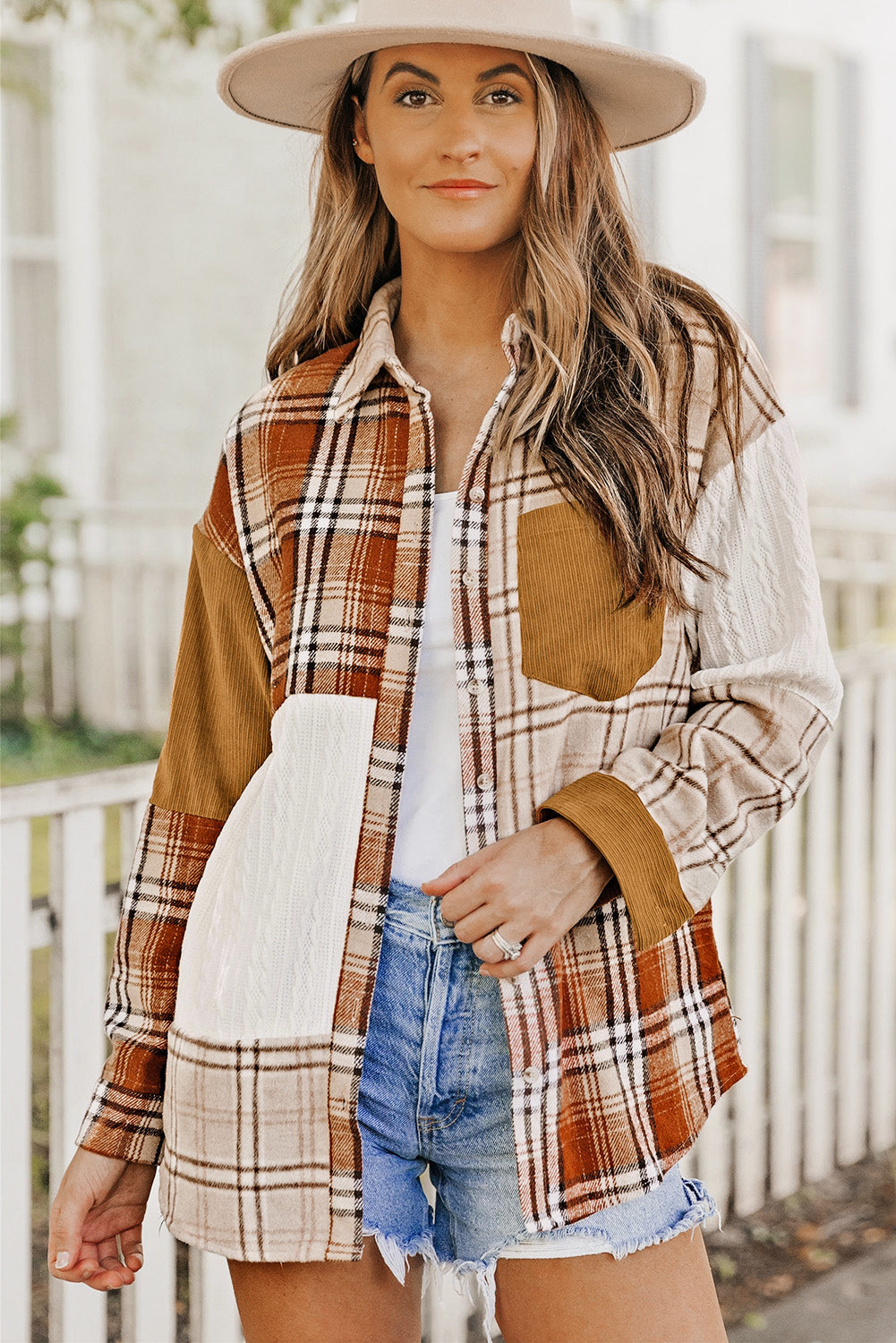 Sutton Plaid Color Block Patchwork Shirt Jacket with Pocket