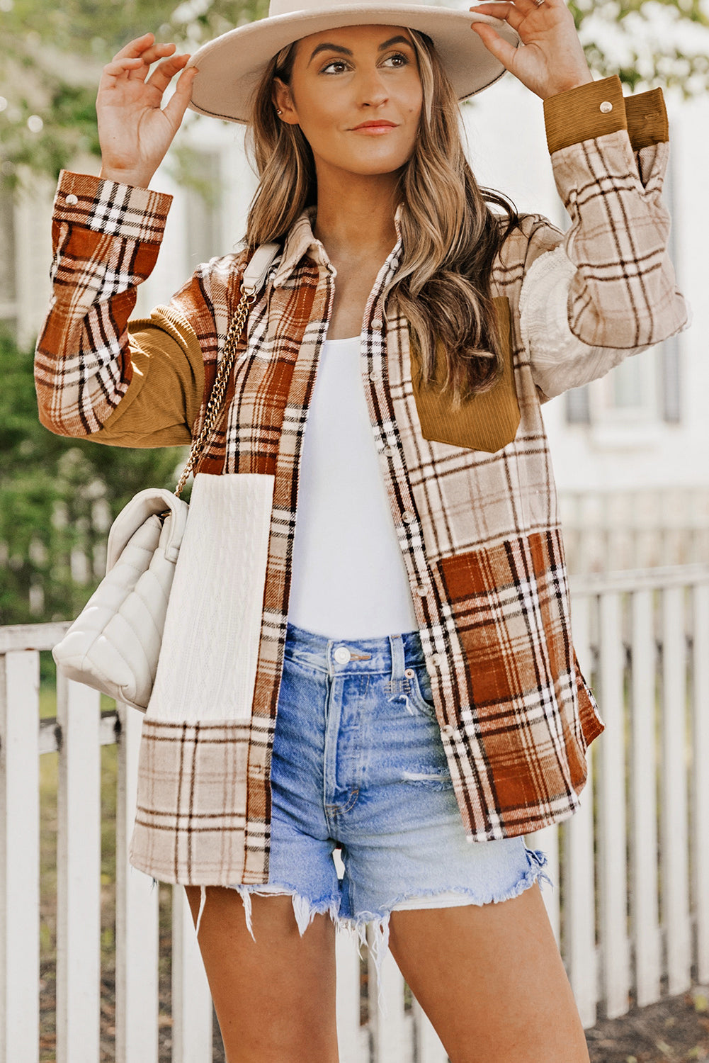 Sutton Plaid Color Block Patchwork Shirt Jacket with Pocket