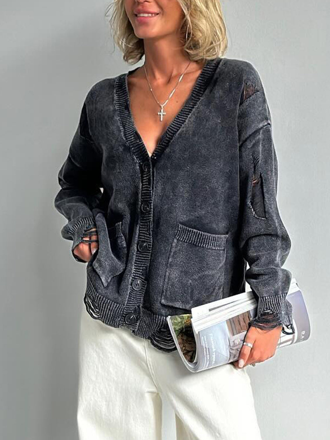 Distressed Button Down Long Sleeve Cardigan