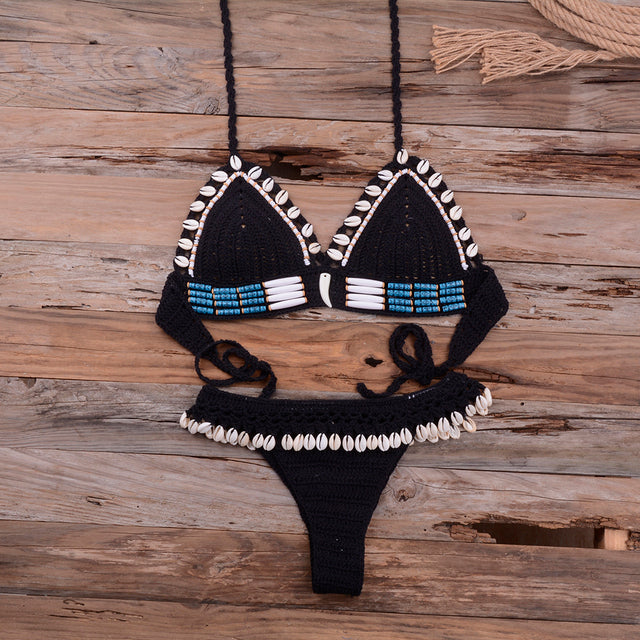 Knitted Bikini Shell Tassel Women Thong Halter Brazilian Crochet Swimsuit