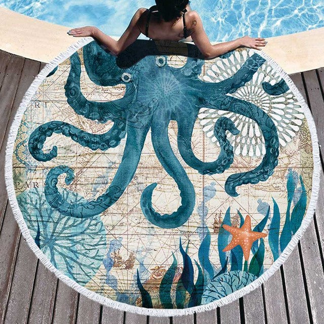 Round Beach Towel Undersea World Microfiber Summer Circle Yoga Mat 150cm With Tassels