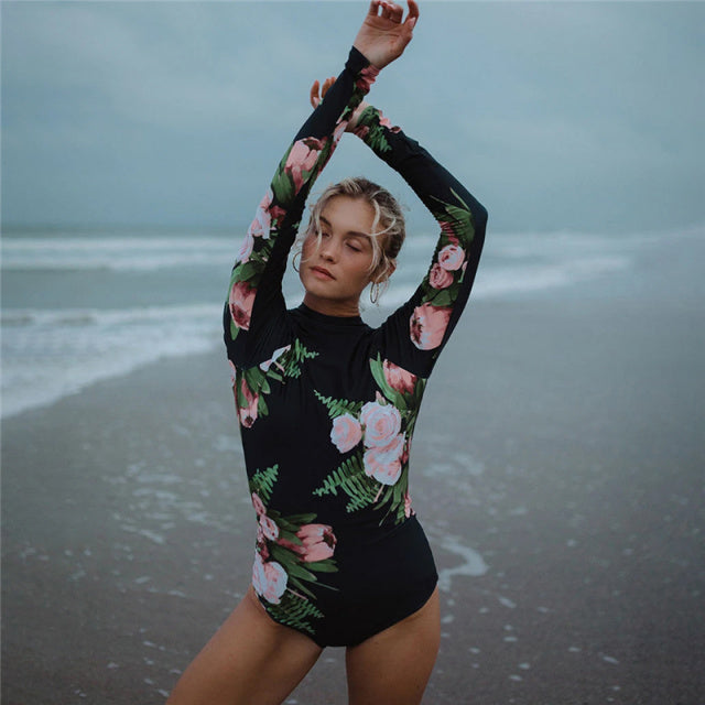 Monokini Long Sleeve Printed Surfing Bodysuit Swim Wear Beach